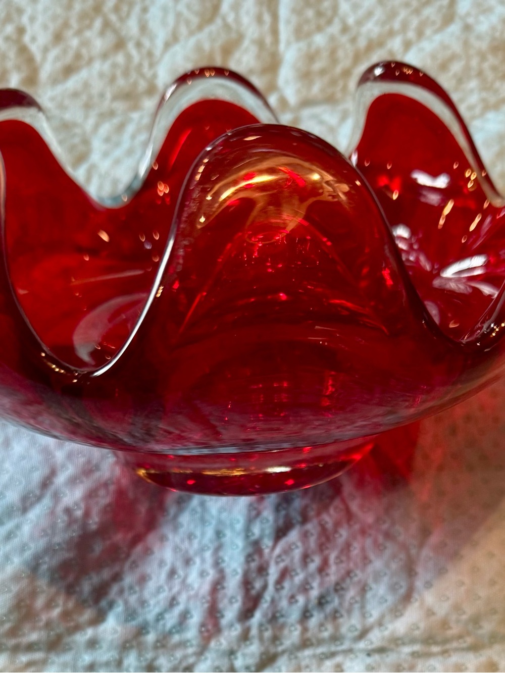 Vintage Murano MCM Hand-Blown Ruby Red Art Glass Ruffled Console Bowl (9”)